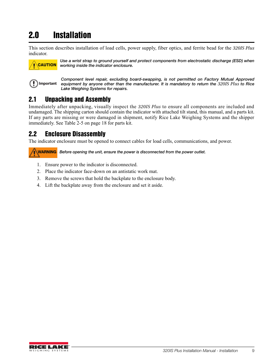 0 installation, 1 unpacking and assembly, 2 enclosure disassembly | Installation, 1 unpacking and assembly 2.2 enclosure disassembly | Rice Lake 320IS Plus Intrinsically Safe Digital Weight Indicator - Installation Manual User Manual | Page 15 / 90