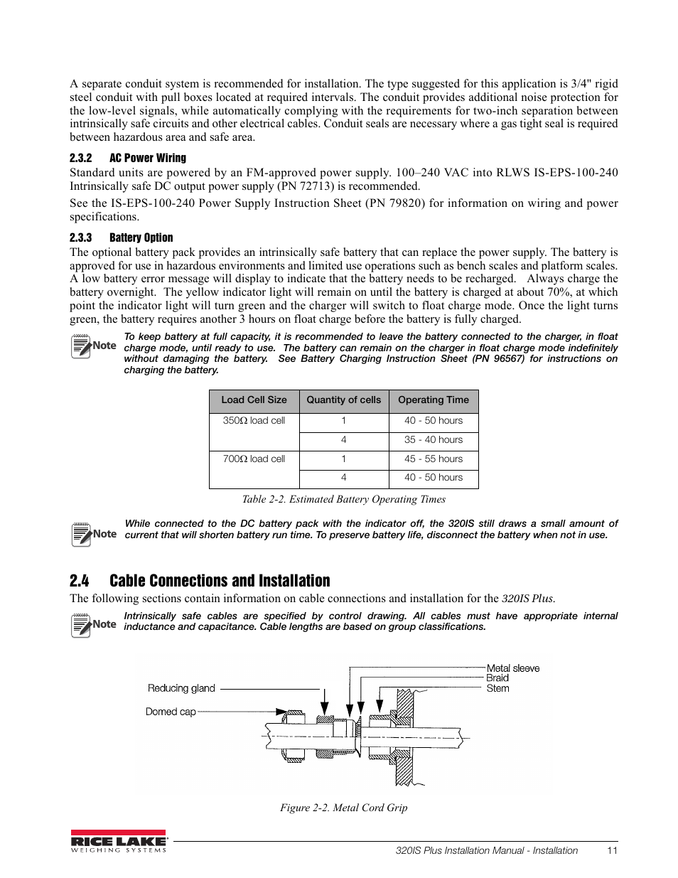 2 ac power wiring, 3 battery option, 4 cable connections and installation | Ac power wiring, Battery option | Rice Lake 320IS Plus Intrinsically Safe Digital Weight Indicator - Installation Manual User Manual | Page 17 / 90