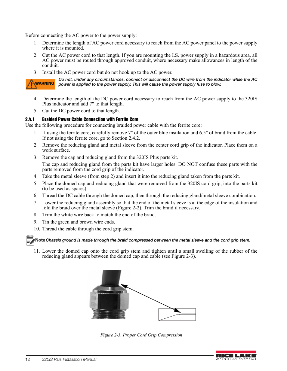1 braided power cable connection with ferrite core, Braided power cable connection with ferrite core | Rice Lake 320IS Plus Intrinsically Safe Digital Weight Indicator - Installation Manual User Manual | Page 18 / 90