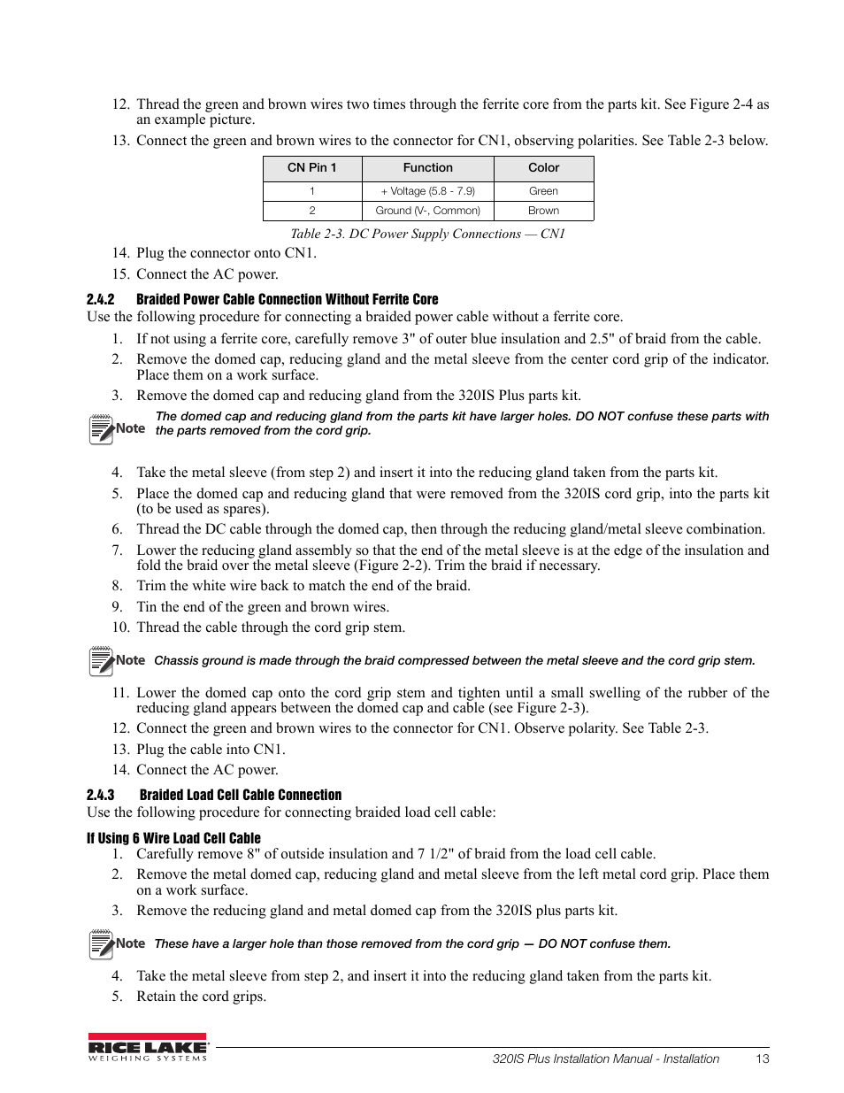 3 braided load cell cable connection, Braided load cell cable connection | Rice Lake 320IS Plus Intrinsically Safe Digital Weight Indicator - Installation Manual User Manual | Page 19 / 90