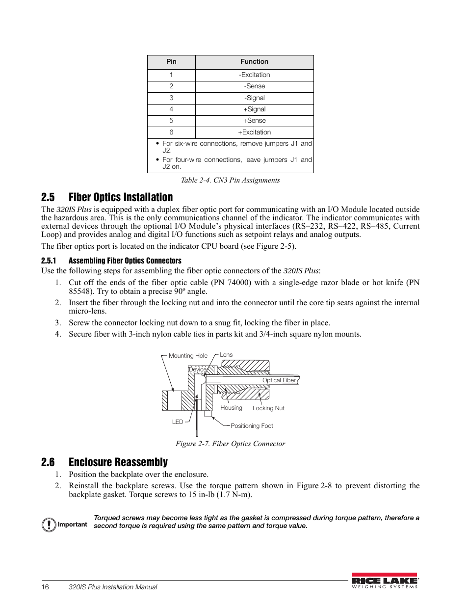 5 fiber optics installation, 1 assembling fiber optics connectors, 6 enclosure reassembly | Assembling fiber optics connectors | Rice Lake 320IS Plus Intrinsically Safe Digital Weight Indicator - Installation Manual User Manual | Page 22 / 90