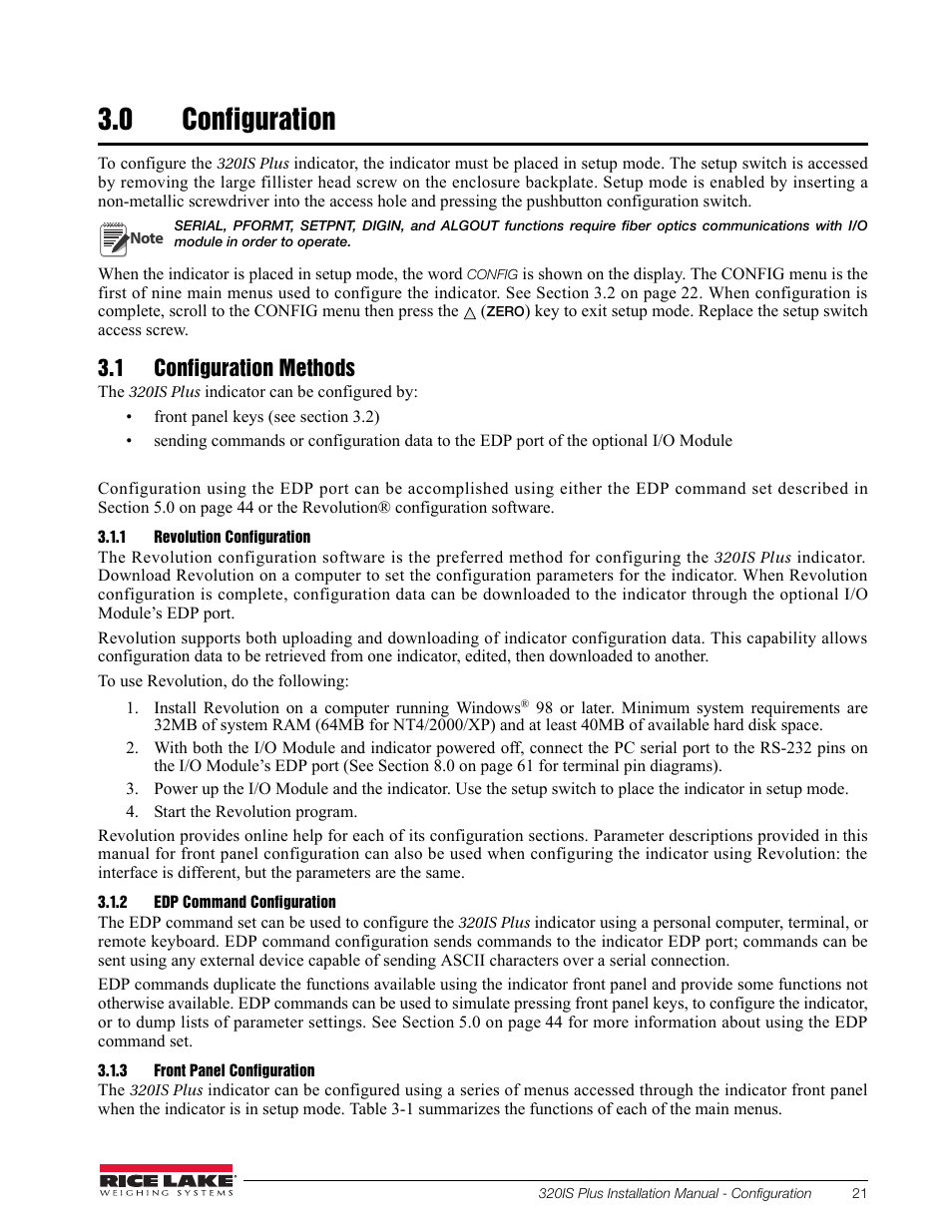 0 configuration, 1 configuration methods, 1 revolution configuration | 2 edp command configuration, 3 front panel configuration, Configuration, Revolution configuration, Edp command configuration, Front panel configuration | Rice Lake 320IS Plus Intrinsically Safe Digital Weight Indicator - Installation Manual User Manual | Page 27 / 90