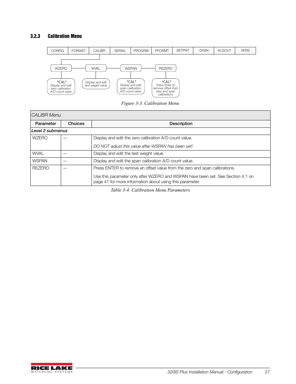 3 calibration menu, Calibration menu | Rice Lake 320IS Plus Intrinsically Safe Digital Weight Indicator - Installation Manual User Manual | Page 33 / 90