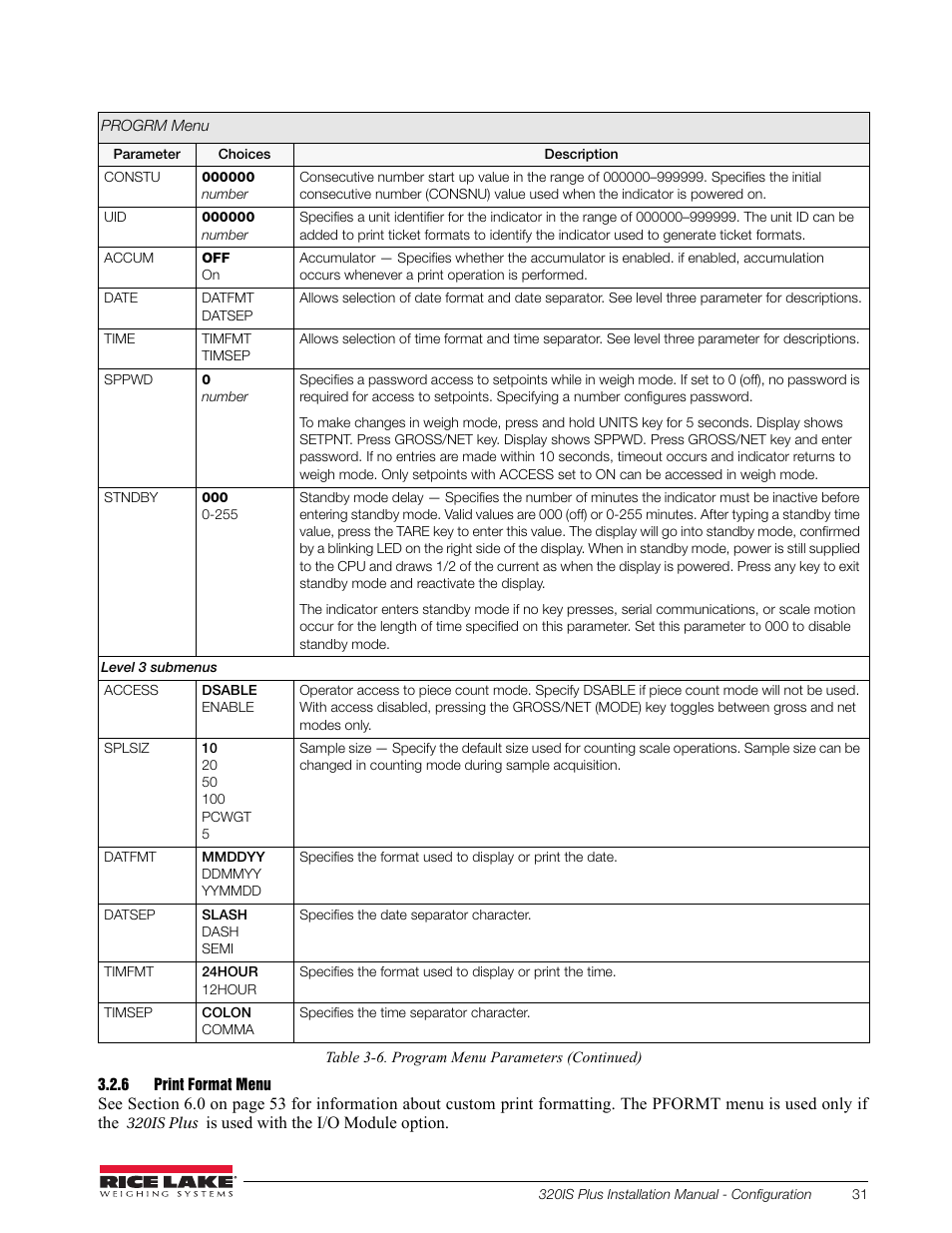 6 print format menu, Print format menu | Rice Lake 320IS Plus Intrinsically Safe Digital Weight Indicator - Installation Manual User Manual | Page 37 / 90