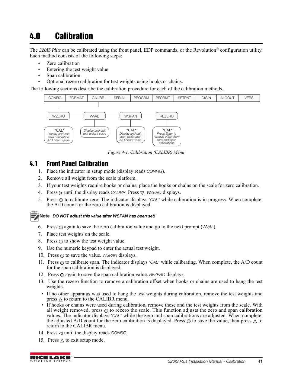 0 calibration, 1 front panel calibration, Calibration | Rice Lake 320IS Plus Intrinsically Safe Digital Weight Indicator - Installation Manual User Manual | Page 47 / 90