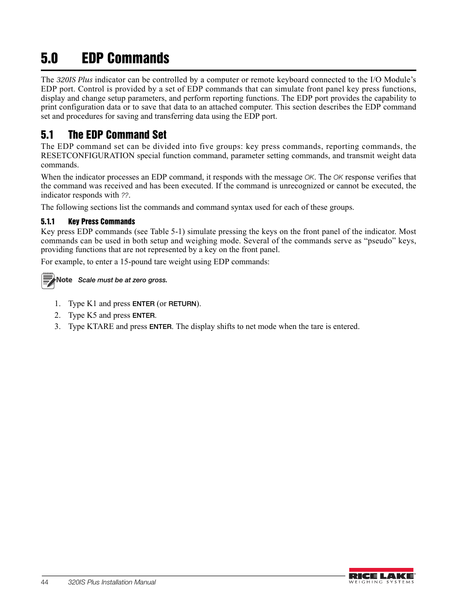 0 edp commands, 1 the edp command set, 1 key press commands | Edp commands, Key press commands | Rice Lake 320IS Plus Intrinsically Safe Digital Weight Indicator - Installation Manual User Manual | Page 50 / 90