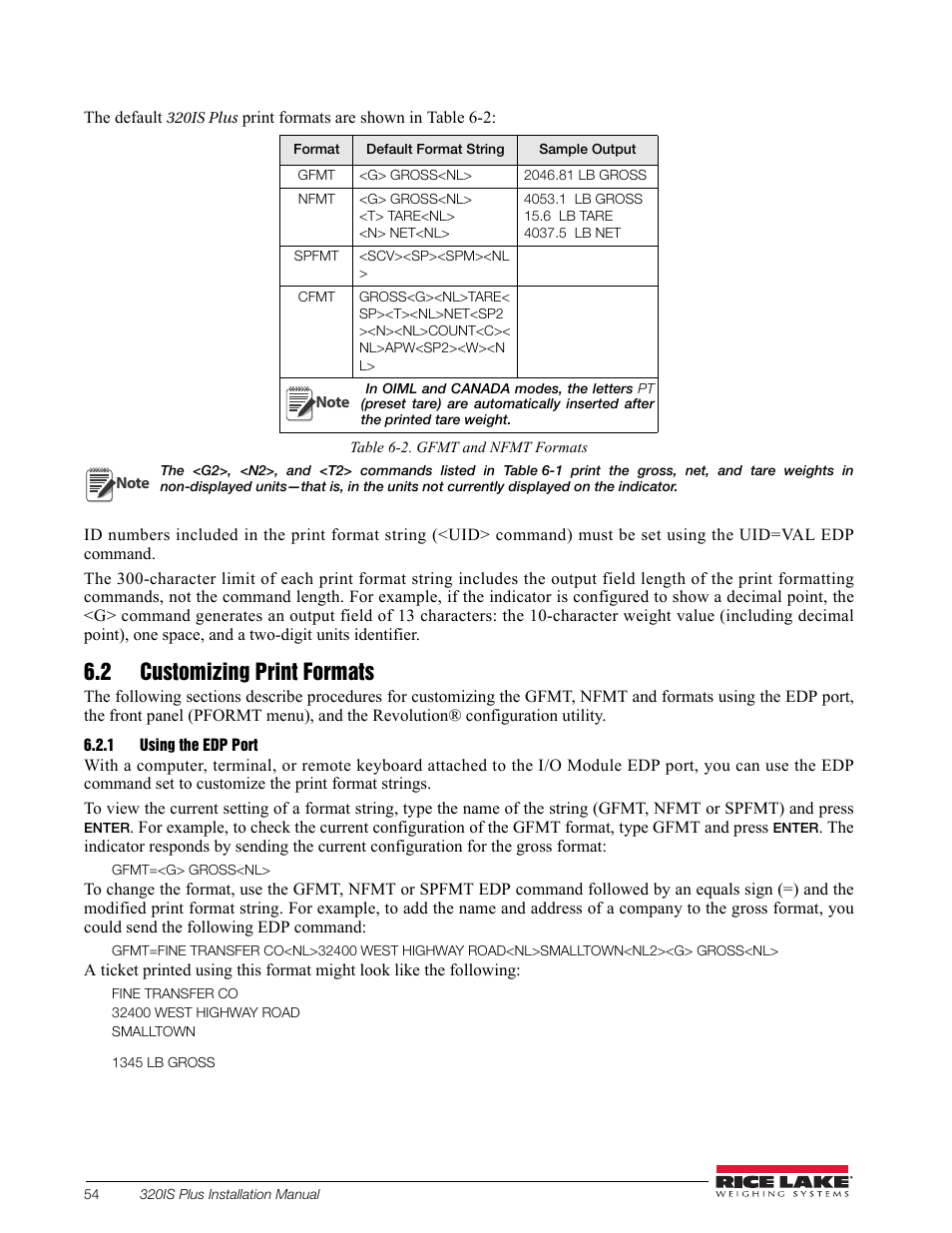 2 customizing print formats, 1 using the edp port, Using the edp port | Rice Lake 320IS Plus Intrinsically Safe Digital Weight Indicator - Installation Manual User Manual | Page 60 / 90