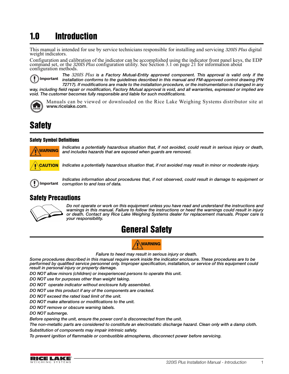 0 introduction, Safety, Introduction | General safety, Safety precautions | Rice Lake 320IS Plus Intrinsically Safe Digital Weight Indicator - Installation Manual User Manual | Page 7 / 90