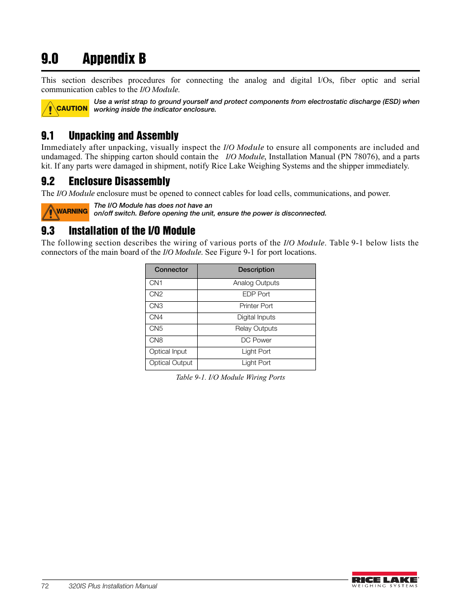 0 appendix b, 1 unpacking and assembly, 2 enclosure disassembly | 3 installation of the i/o module, Appendix b | Rice Lake 320IS Plus Intrinsically Safe Digital Weight Indicator - Installation Manual User Manual | Page 78 / 90