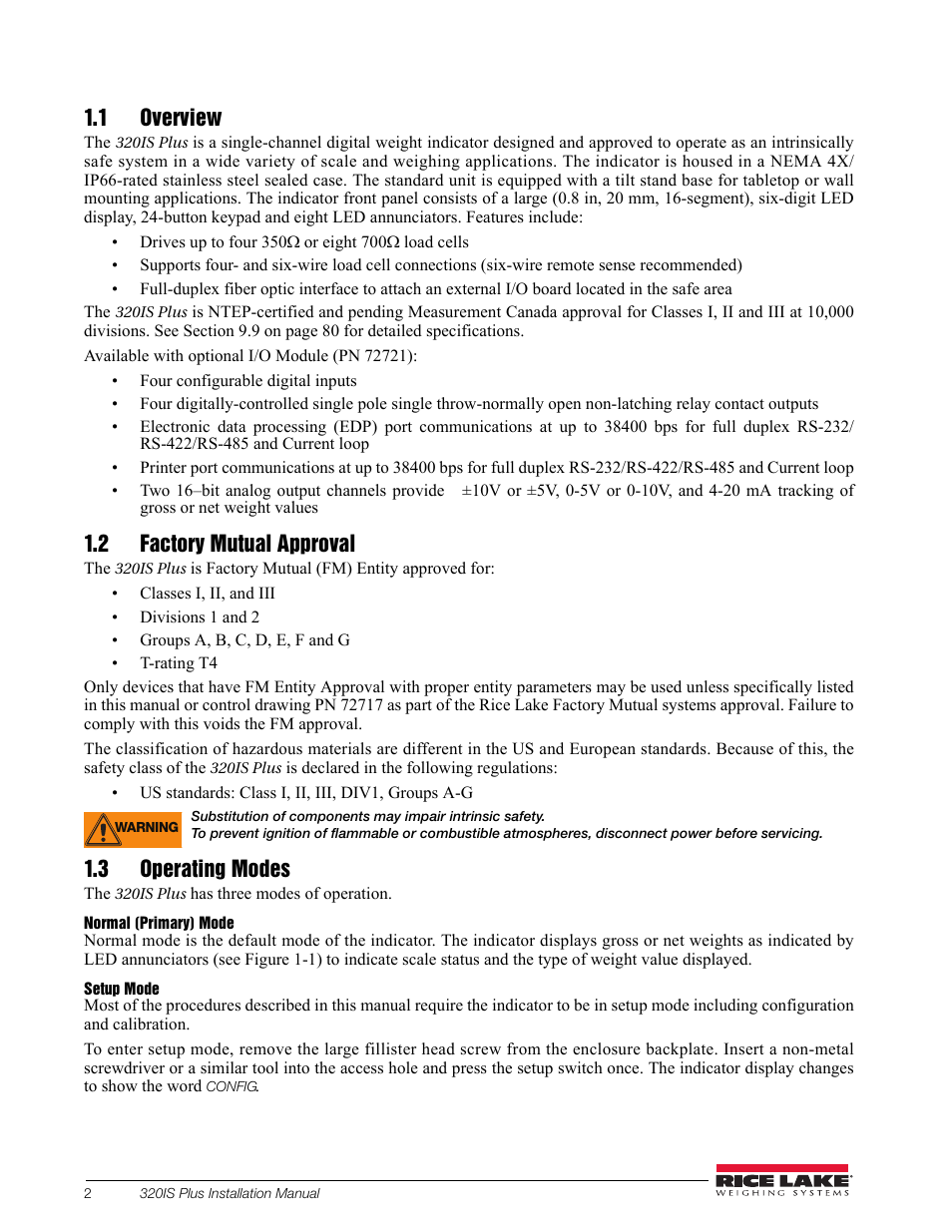 1 overview, 2 factory mutual approval, 3 operating modes | Rice Lake 320IS Plus Intrinsically Safe Digital Weight Indicator - Installation Manual User Manual | Page 8 / 90