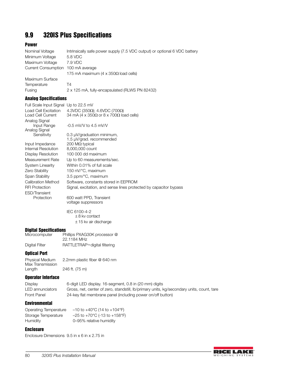 9 320is plus specifications | Rice Lake 320IS Plus Intrinsically Safe Digital Weight Indicator - Installation Manual User Manual | Page 86 / 90
