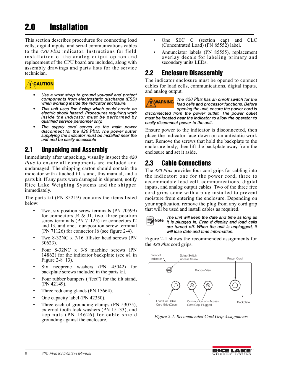 0 installation, 1 unpacking and assembly, 2 enclosure disassembly | 3 cable connections, Installation | Rice Lake 420 Plus HMI Digital Weight Indicator Installation Manual User Manual | Page 10 / 60