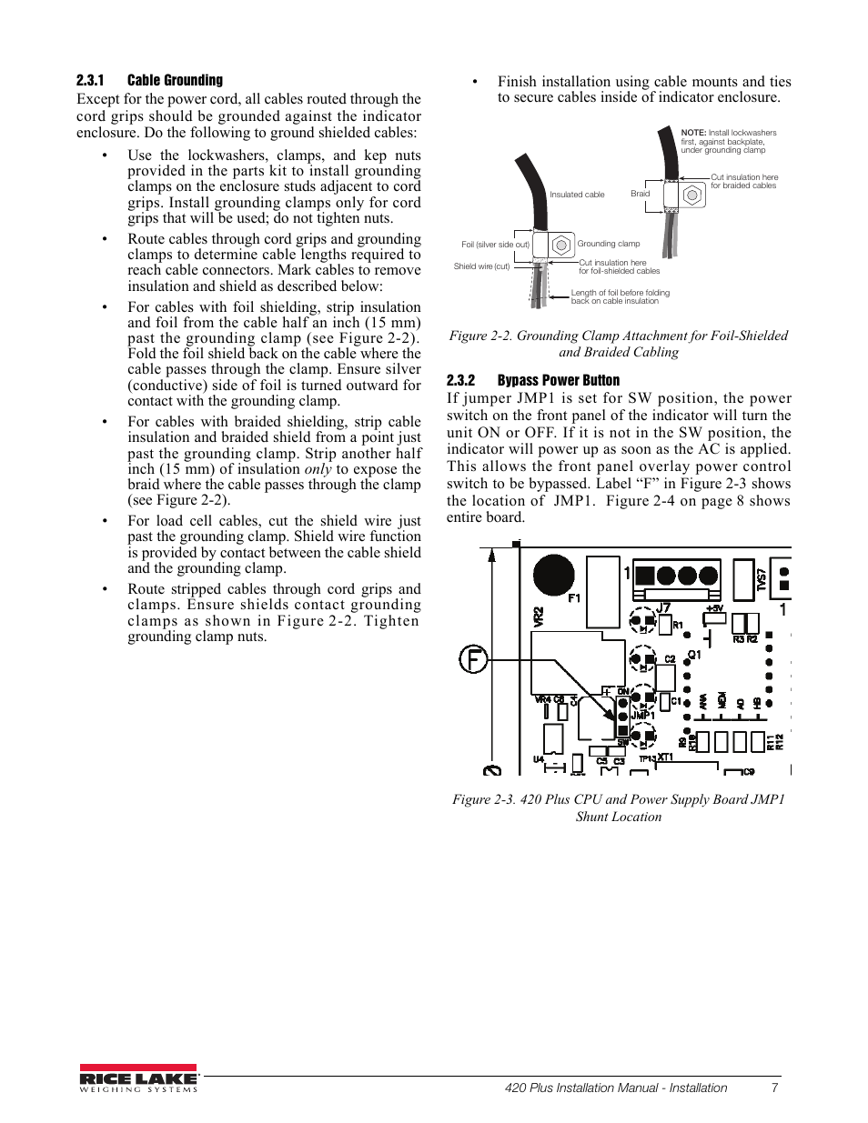 1 cable grounding, 2 bypass power button, Cable grounding | Bypass power button | Rice Lake 420 Plus HMI Digital Weight Indicator Installation Manual User Manual | Page 11 / 60