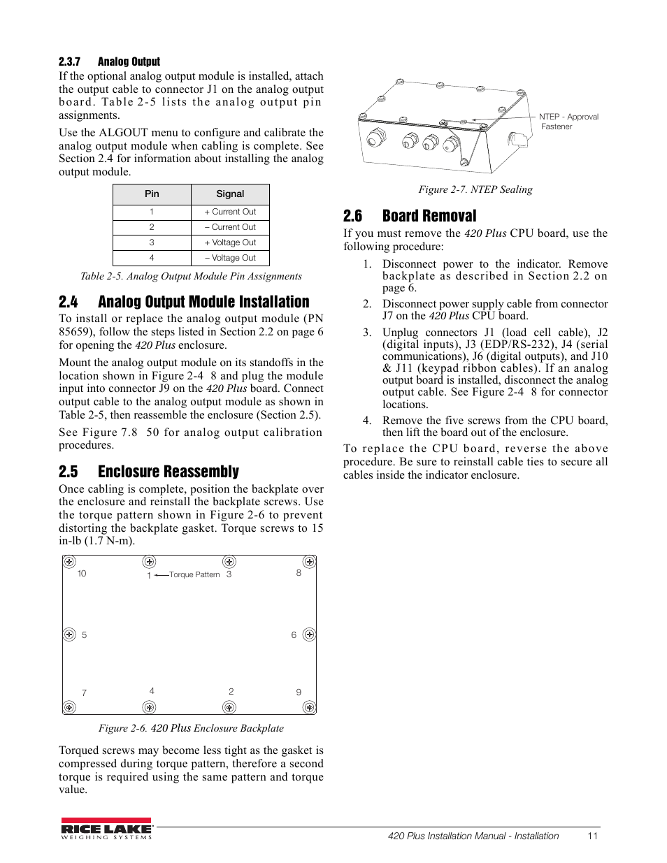 7 analog output, 4 analog output module installation, 5 enclosure reassembly | 6 board removal, Analog output | Rice Lake 420 Plus HMI Digital Weight Indicator Installation Manual User Manual | Page 15 / 60