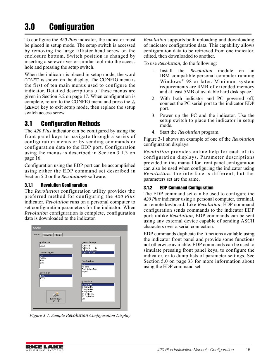 0 configuration, 1 configuration methods, 1 revolution configuration | 2 edp command configuration, Configuration, Revolution configuration, Edp command configuration | Rice Lake 420 Plus HMI Digital Weight Indicator Installation Manual User Manual | Page 19 / 60