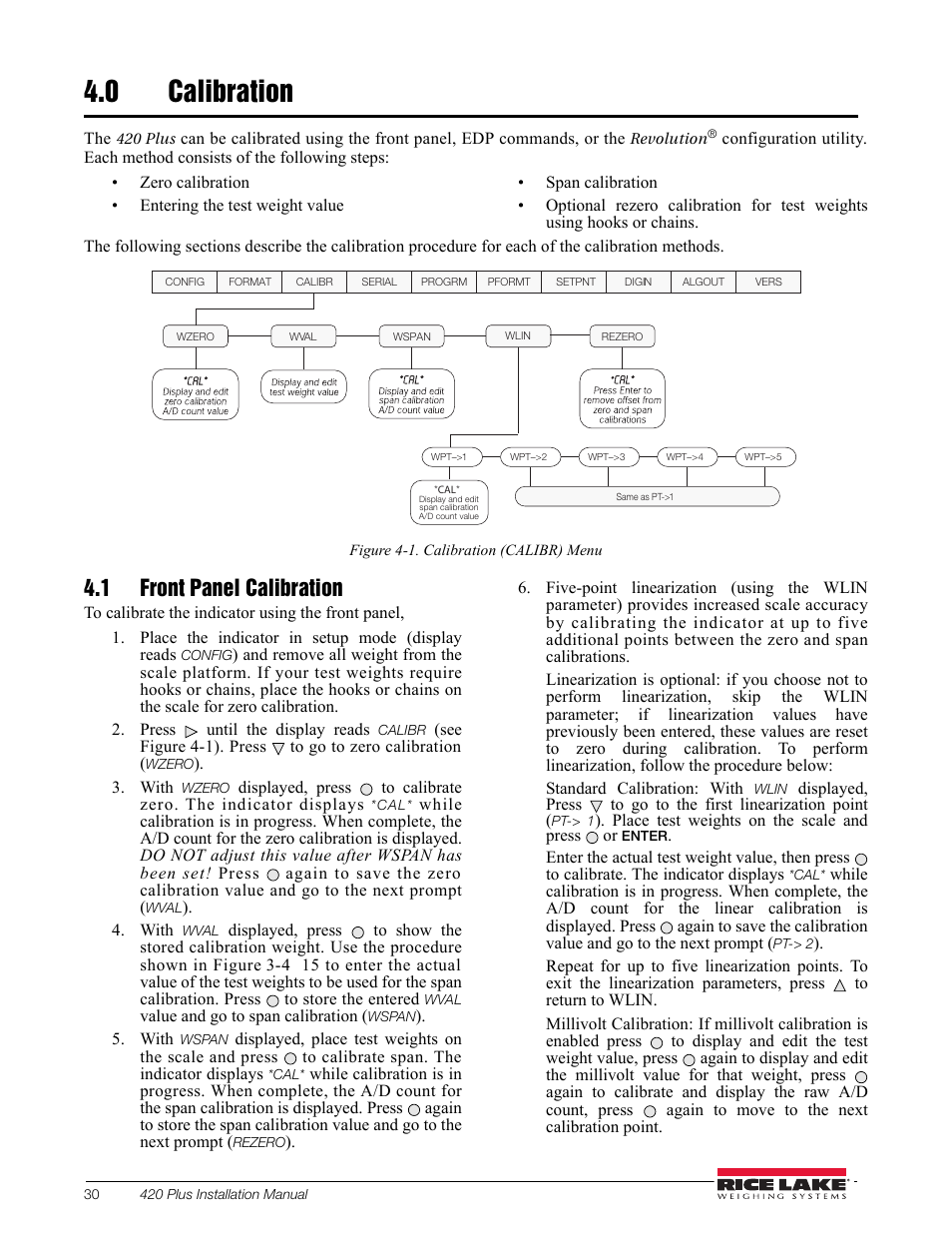 0 calibration, 1 front panel calibration, Calibration | Rice Lake 420 Plus HMI Digital Weight Indicator Installation Manual User Manual | Page 34 / 60