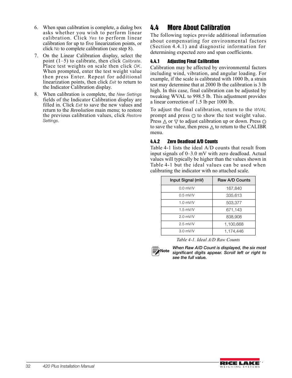 4 more about calibration, 1 adjusting final calibration, 2 zero deadload a/d counts | Adjusting final calibration, Zero deadload a/d counts | Rice Lake 420 Plus HMI Digital Weight Indicator Installation Manual User Manual | Page 36 / 60
