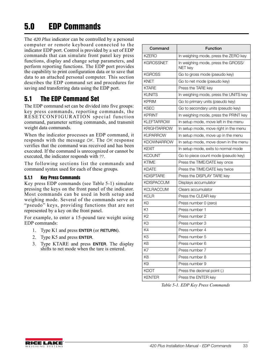 0 edp commands, 1 the edp command set, 1 key press commands | Edp commands, Key press commands, Section 5.0 | Rice Lake 420 Plus HMI Digital Weight Indicator Installation Manual User Manual | Page 37 / 60