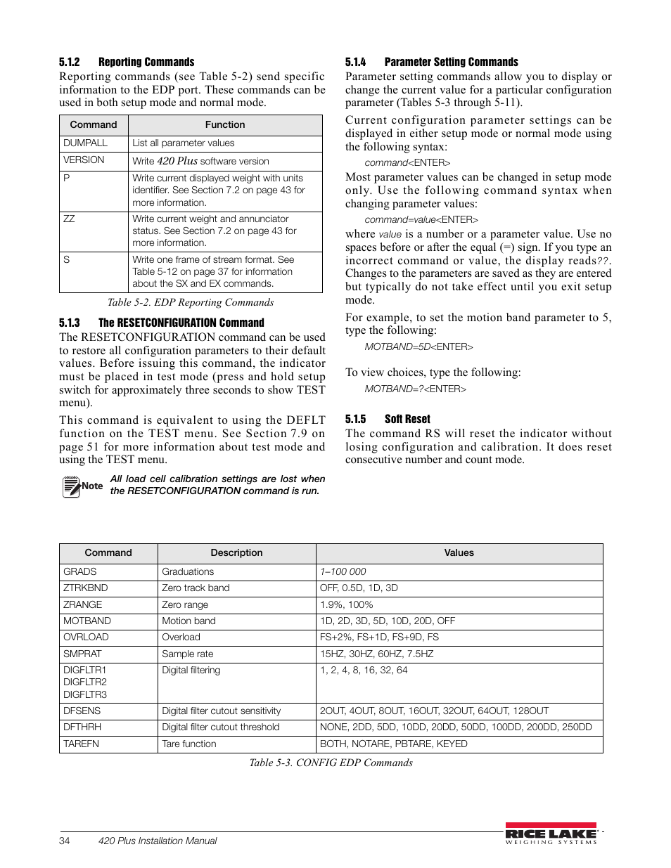 2 reporting commands, 3 the resetconfiguration command, 4 parameter setting commands | 5 soft reset, Reporting commands, The resetconfiguration command, Parameter setting commands, Soft reset | Rice Lake 420 Plus HMI Digital Weight Indicator Installation Manual User Manual | Page 38 / 60