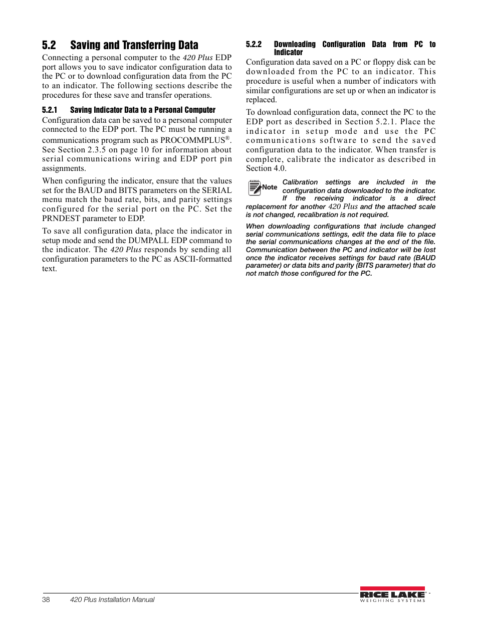 2 saving and transferring data, 1 saving indicator data to a personal computer, Saving indicator data to a personal computer | Rice Lake 420 Plus HMI Digital Weight Indicator Installation Manual User Manual | Page 42 / 60