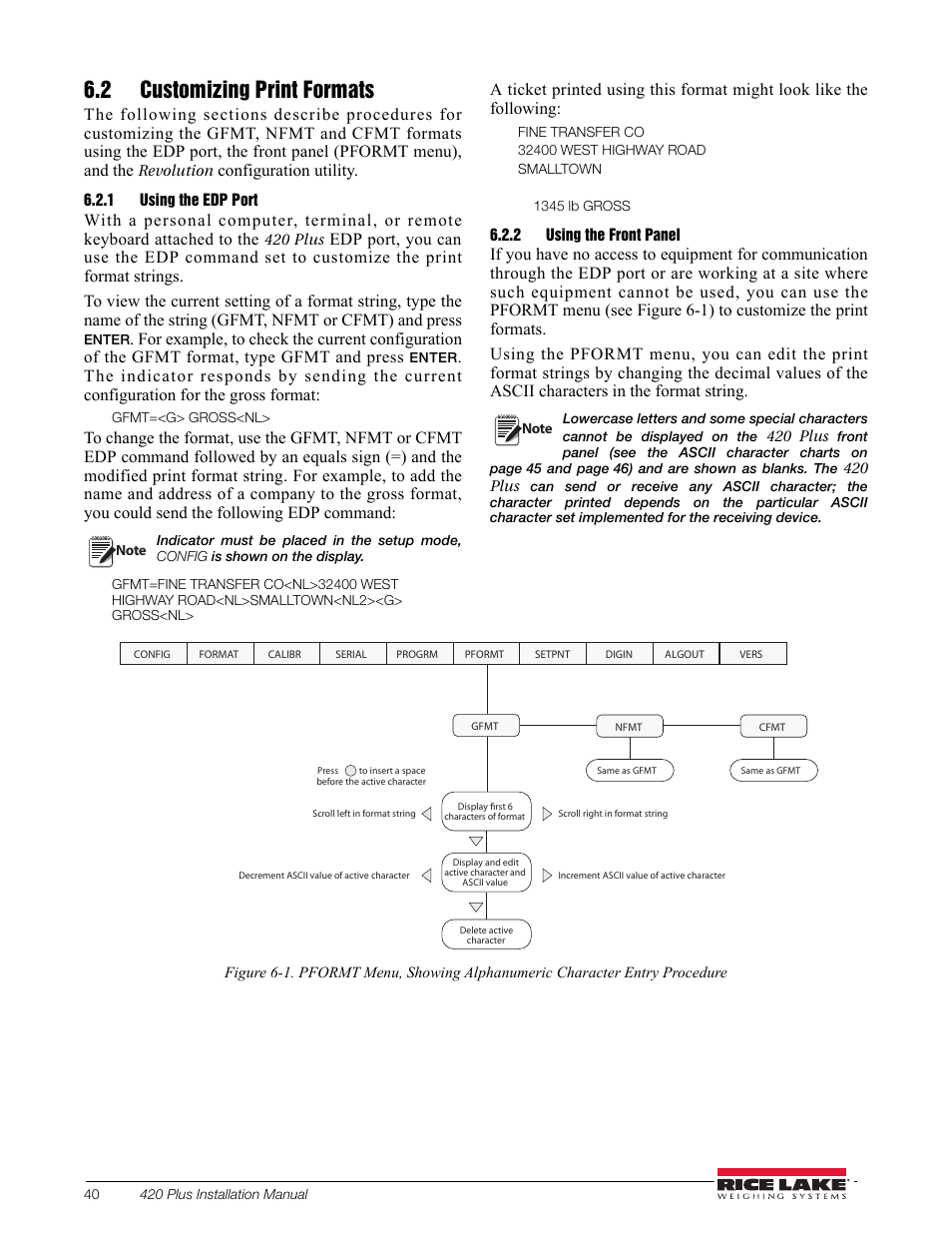 2 customizing print formats, 1 using the edp port, 2 using the front panel | Using the edp port, Using the front panel | Rice Lake 420 Plus HMI Digital Weight Indicator Installation Manual User Manual | Page 44 / 60