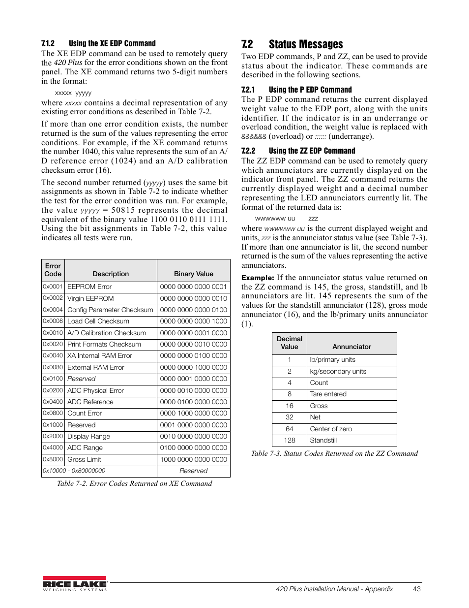 2 using the xe edp command, 2 status messages, 1 using the p edp command | 2 using the zz edp command, Using the xe edp command, Using the p edp command, Using the zz edp command | Rice Lake 420 Plus HMI Digital Weight Indicator Installation Manual User Manual | Page 47 / 60