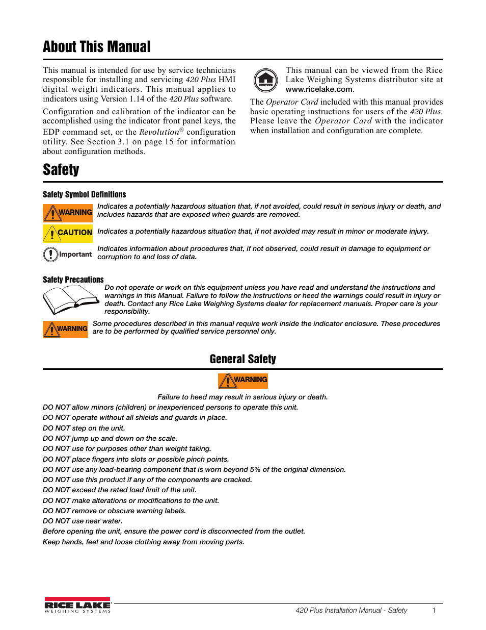 About this manual, Safety, General safety | Rice Lake 420 Plus HMI Digital Weight Indicator Installation Manual User Manual | Page 5 / 60
