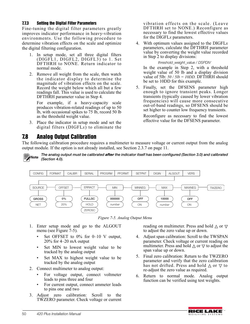 3 setting the digital filter parameters, 8 analog output calibration, Setting the digital filter parameters | Figure 7.8 50 for an | Rice Lake 420 Plus HMI Digital Weight Indicator Installation Manual User Manual | Page 54 / 60