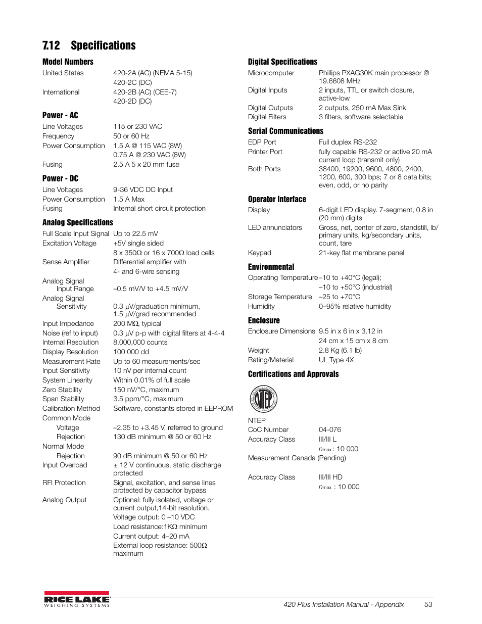 12 specifications, Section 7.12 on | Rice Lake 420 Plus HMI Digital Weight Indicator Installation Manual User Manual | Page 57 / 60