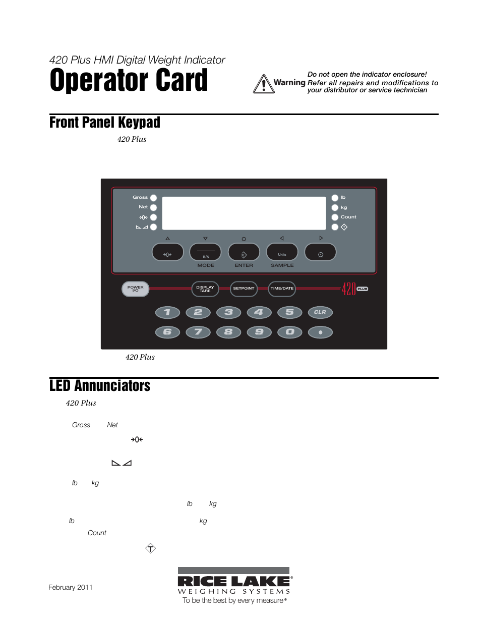 Rice Lake 420 Plus HMI Digital Weight Indicator Operator Card User Manual | 3 pages