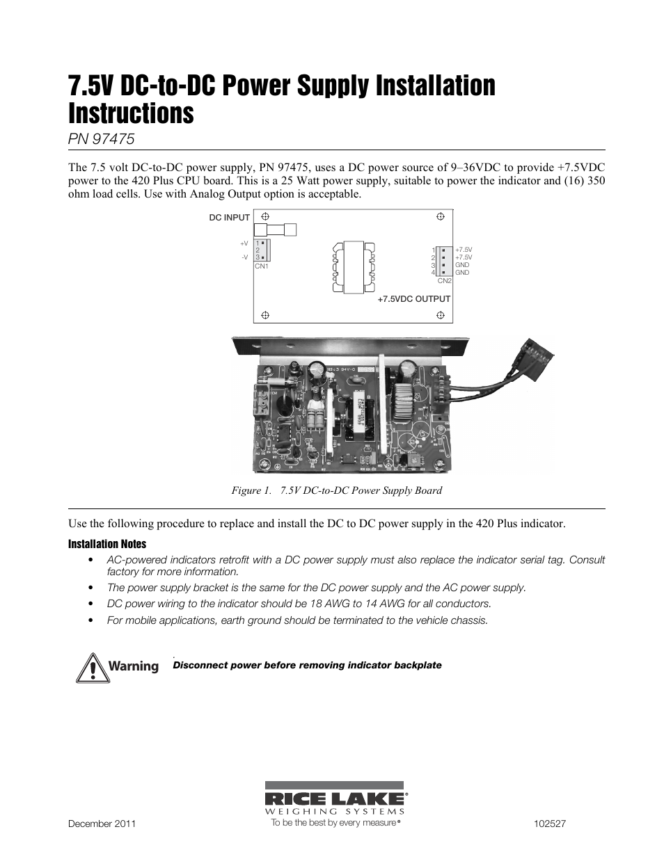 Rice Lake 420 Plus Digital Weight Indicator - 7.5V DC-to-DC Power Supply Installation User Manual | 4 pages