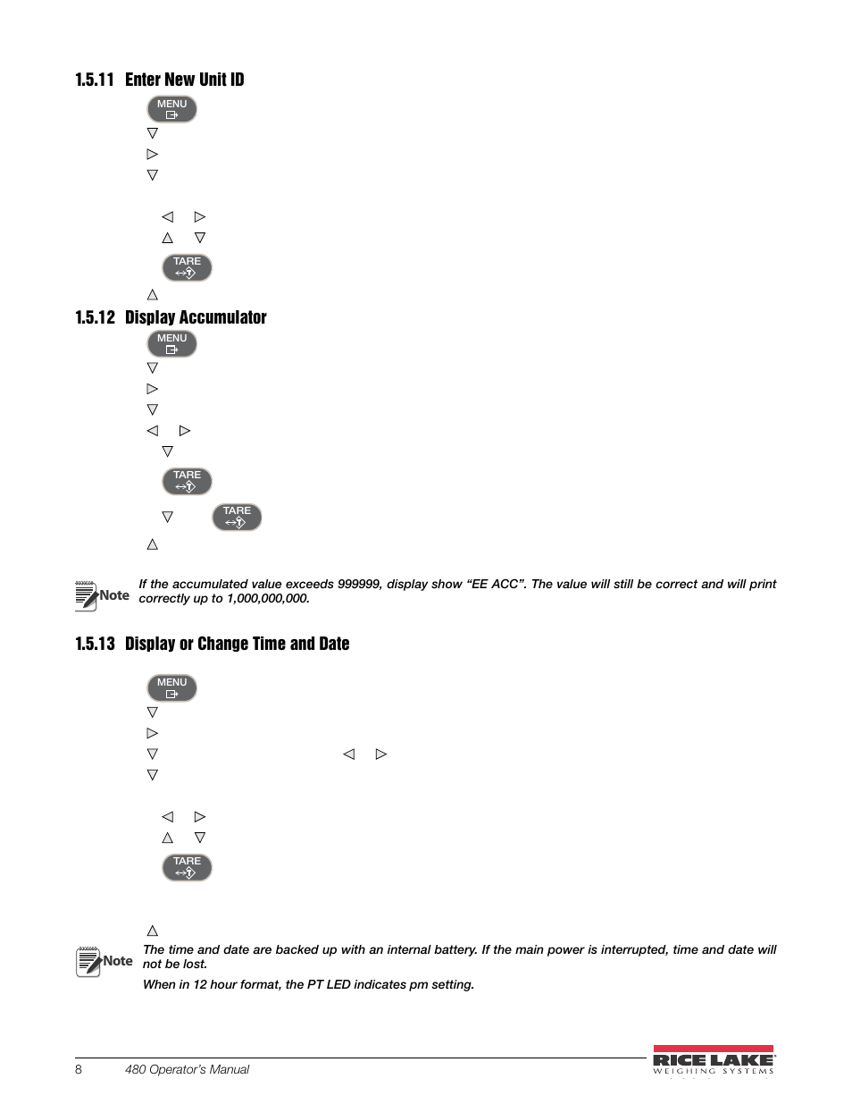 11 enter new unit id, 12 display accumulator, 13 display or change time and date | Enter new unit id, Display accumulator, Display or change time and date | Rice Lake 480 Legend Series Digital Weight Indicator Installation Manual User Manual | Page 12 / 68