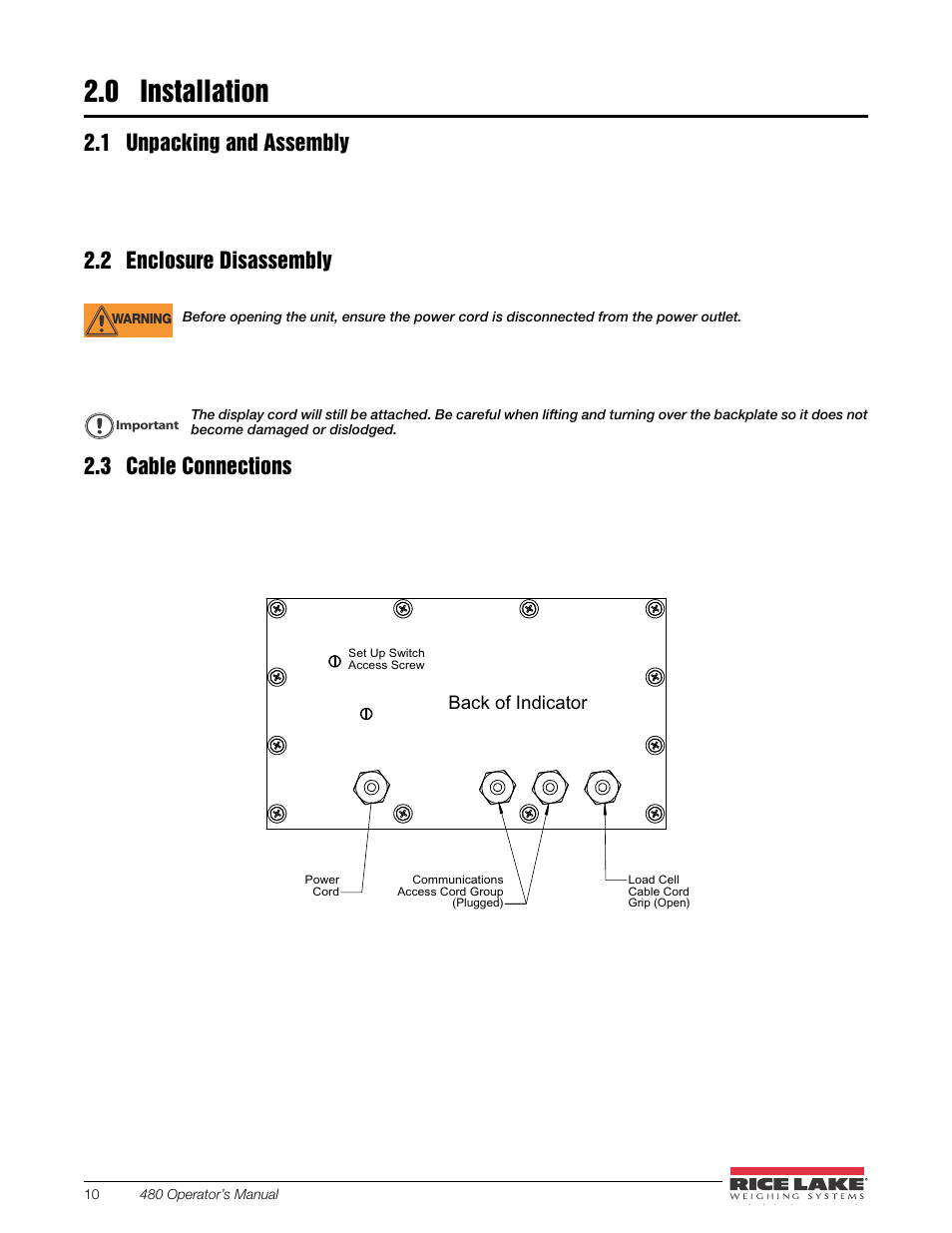 0 installation, 1 unpacking and assembly, 2 enclosure disassembly | 3 cable connections, Installation | Rice Lake 480 Legend Series Digital Weight Indicator Installation Manual User Manual | Page 14 / 68