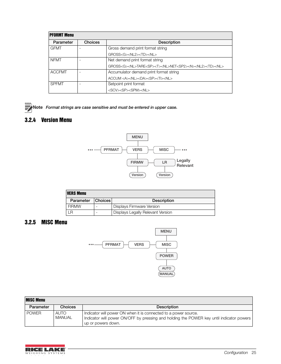 4 version menu, 5 misc menu, Version menu | Misc menu, Section 3.2.5 | Rice Lake 480 Legend Series Digital Weight Indicator Installation Manual User Manual | Page 29 / 68