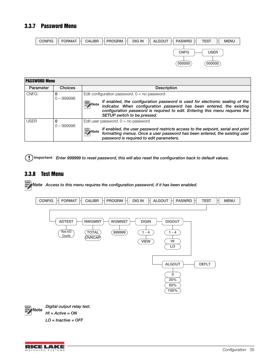 7 password menu, 8 test menu, Password menu | Test menu, D. see section 3.3.7, The passw menu is used to edit or set passwords | Rice Lake 480 Legend Series Digital Weight Indicator Installation Manual User Manual | Page 39 / 68