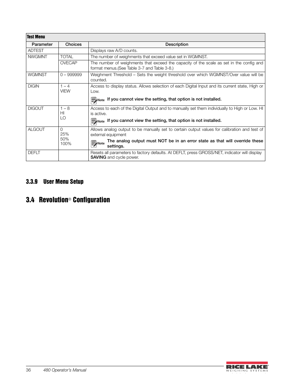 9 user menu setup, 4 revolution® configuration, User menu setup | 4 revolution, Configuration | Rice Lake 480 Legend Series Digital Weight Indicator Installation Manual User Manual | Page 40 / 68