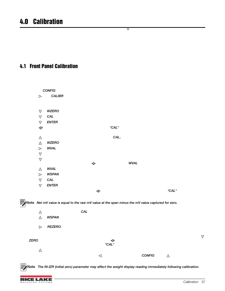 0 calibration, 1 front panel calibration, Calibration | Rice Lake 480 Legend Series Digital Weight Indicator Installation Manual User Manual | Page 41 / 68