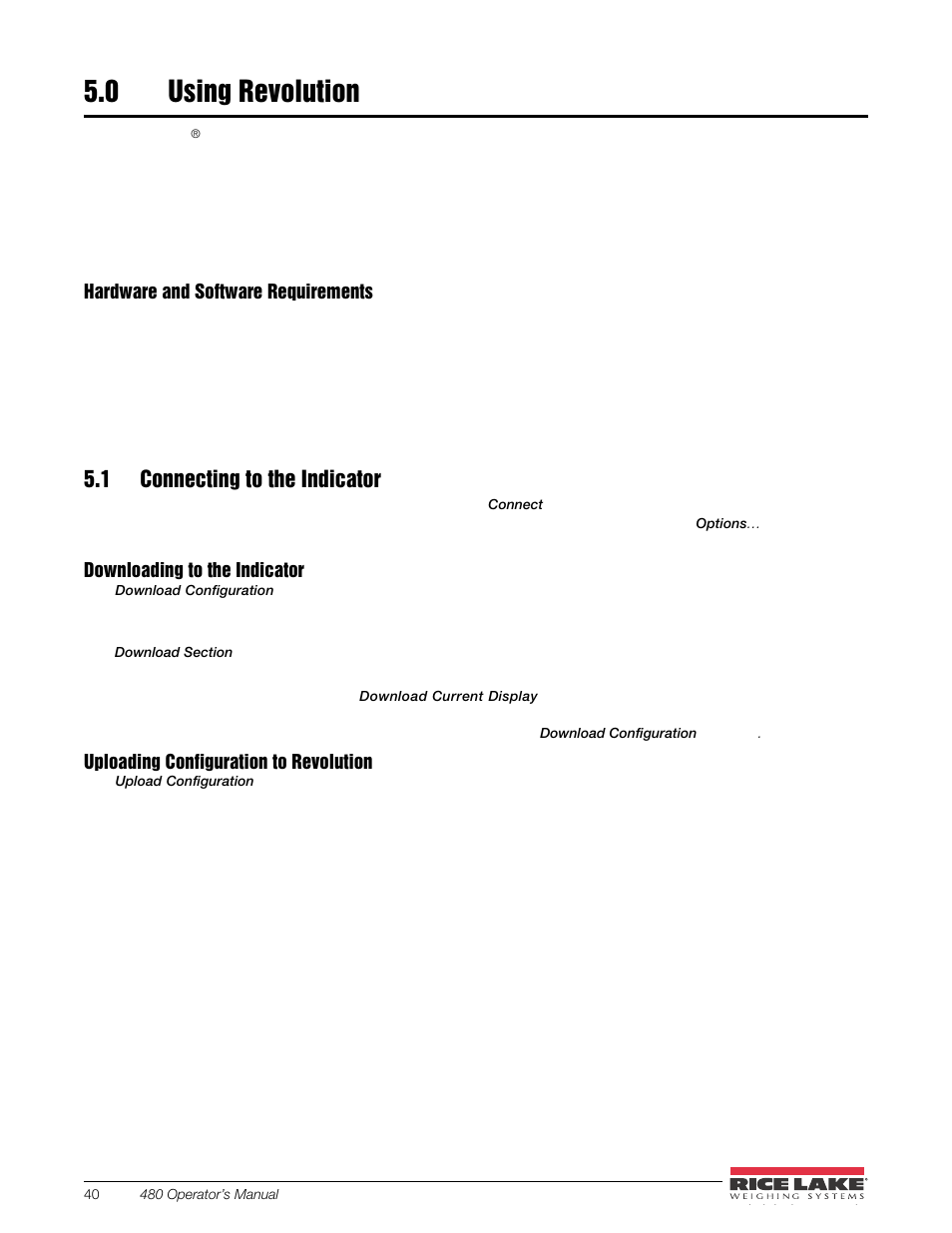 0 using revolution, 1 connecting to the indicator, Using revolution | Section 5.0 for more in | Rice Lake 480 Legend Series Digital Weight Indicator Installation Manual User Manual | Page 44 / 68