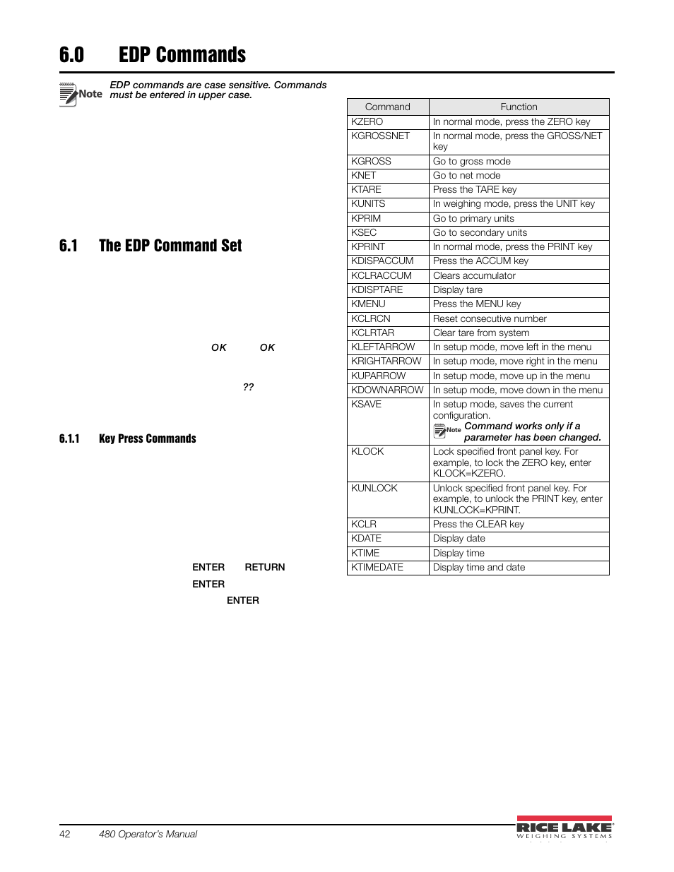 0 edp commands, 1 the edp command set, 1 key press commands | Edp commands, Key press commands | Rice Lake 480 Legend Series Digital Weight Indicator Installation Manual User Manual | Page 46 / 68