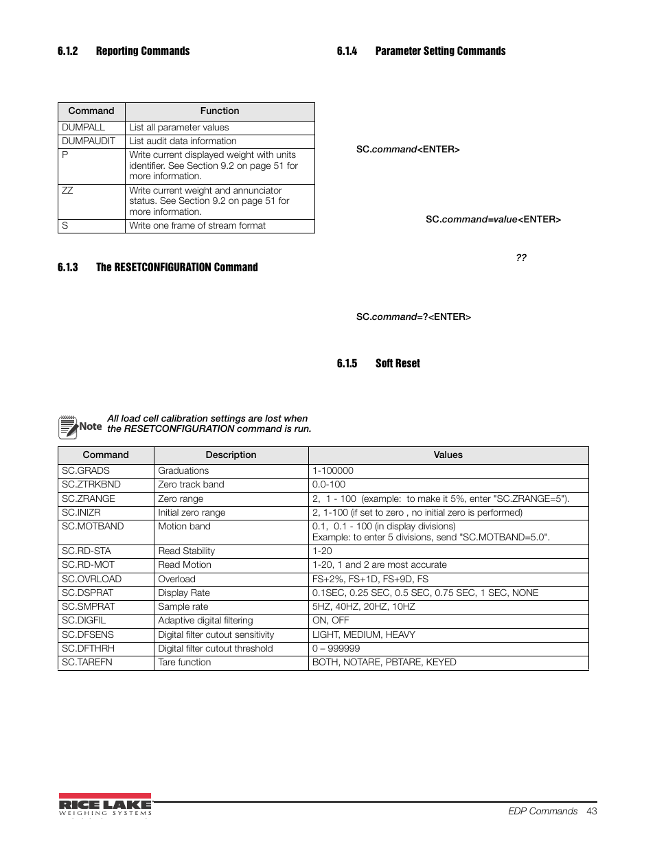 2 reporting commands, 3 the resetconfiguration command, 4 parameter setting commands | 5 soft reset, Reporting commands, The resetconfiguration command, Parameter setting commands, Soft reset | Rice Lake 480 Legend Series Digital Weight Indicator Installation Manual User Manual | Page 47 / 68