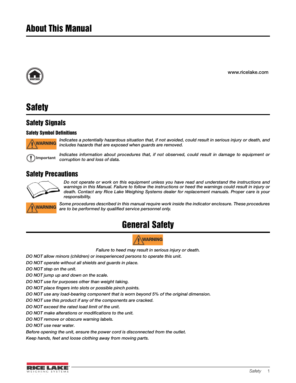 About this manual, Safety, General safety | Safety signals, Safety precautions | Rice Lake 480 Legend Series Digital Weight Indicator Installation Manual User Manual | Page 5 / 68