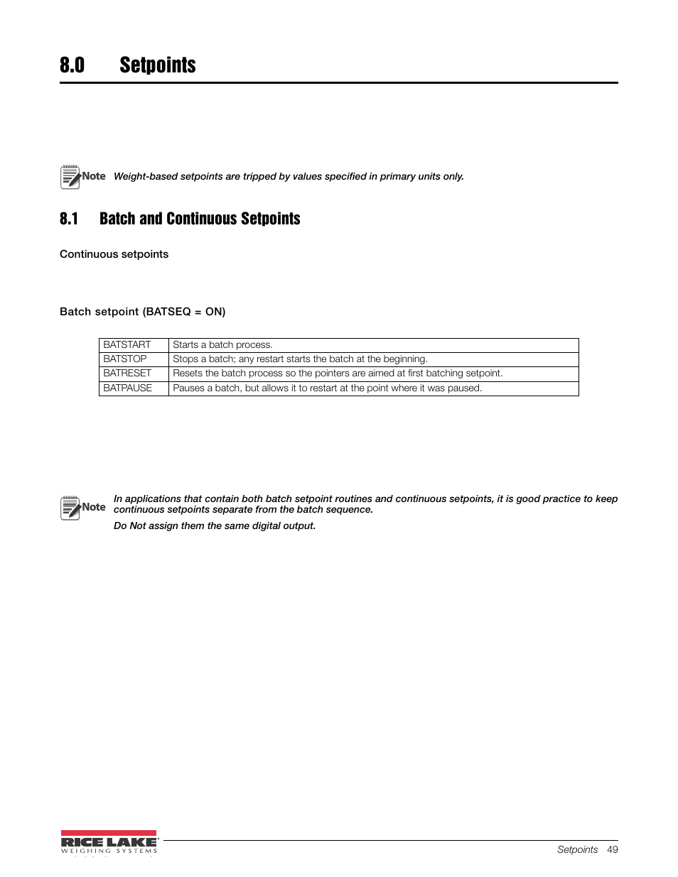 0 setpoints, 1 batch and continuous setpoints, Setpoints | Rice Lake 480 Legend Series Digital Weight Indicator Installation Manual User Manual | Page 53 / 68