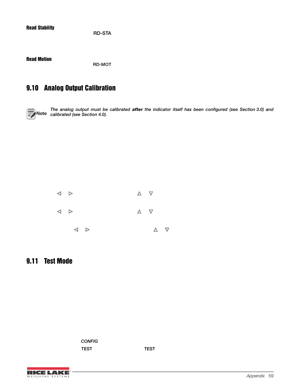 10 analog output calibration, 11 test mode, 10 analog output calibration 9.11 test mode | Rice Lake 480 Legend Series Digital Weight Indicator Installation Manual User Manual | Page 63 / 68