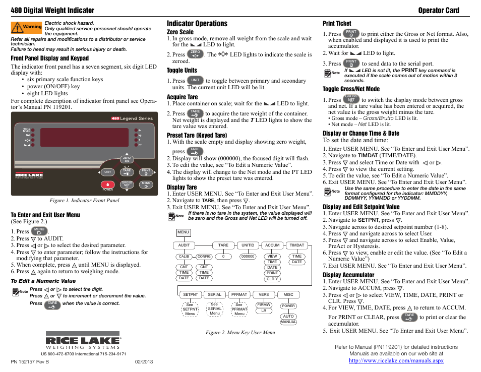 Rice Lake 480 Legend Series Digital Weight Indicator Operator Card User Manual | 1 page