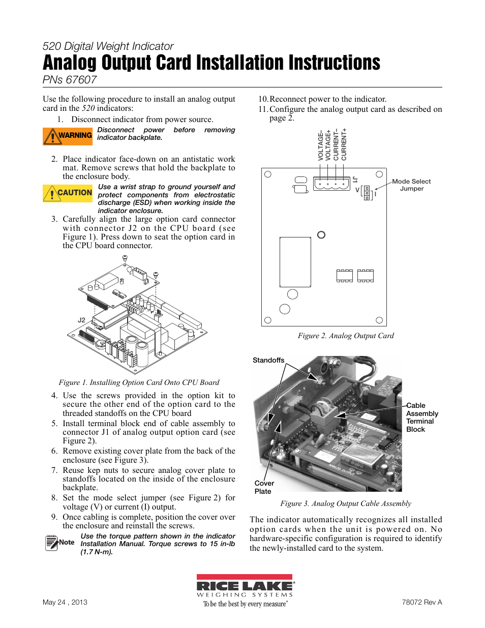 Rice Lake 520 Analog Output Card Installation User Manual | 2 pages