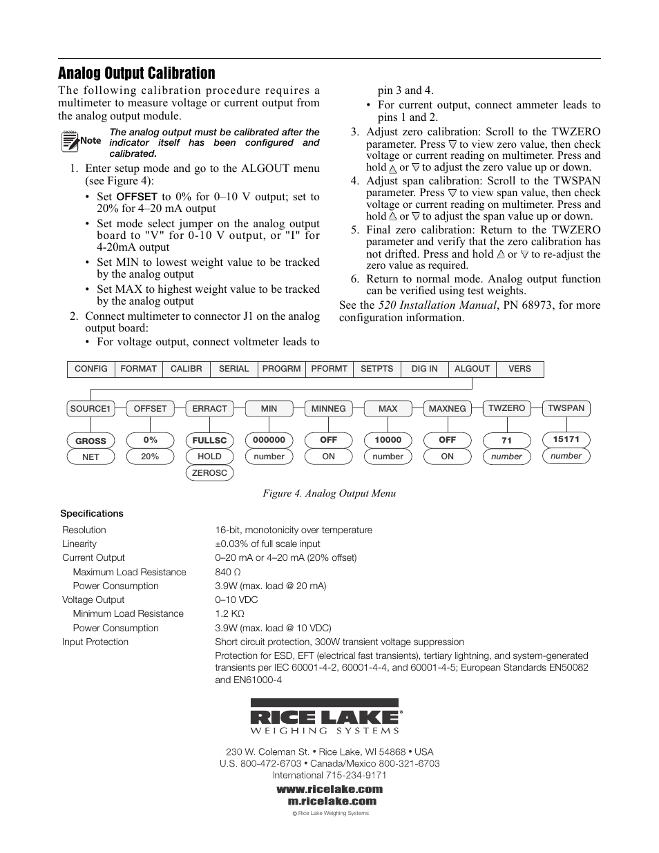 Analog output calibration | Rice Lake 520 Analog Output Card Installation User Manual | Page 2 / 2