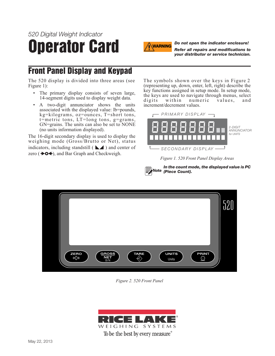 Rice Lake 520 Digital Weight Indicator Operator Card User Manual | 4 pages