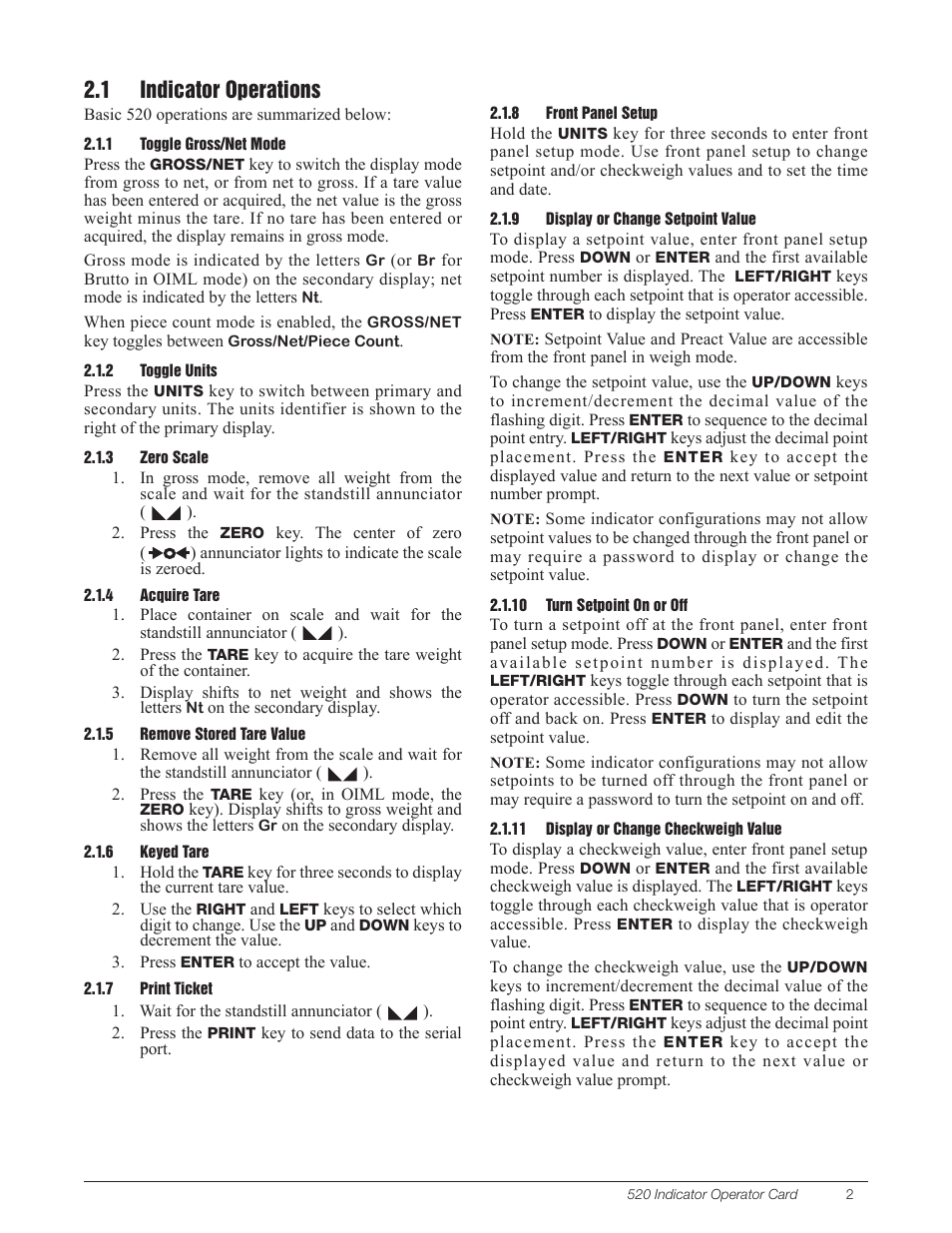 1 indicator operations | Rice Lake 520 Digital Weight Indicator Operator Card User Manual | Page 2 / 4