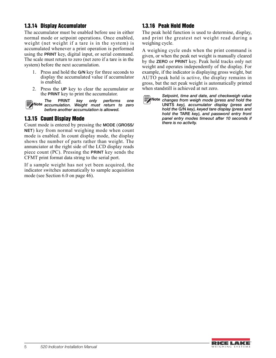 14 display accumulator, 15 count display mode, 16 peak hold mode | Display accumulator, Count display mode, Peak hold mode | Rice Lake 520 HMI Digital Weight Indicator Installation Manual User Manual | Page 11 / 98