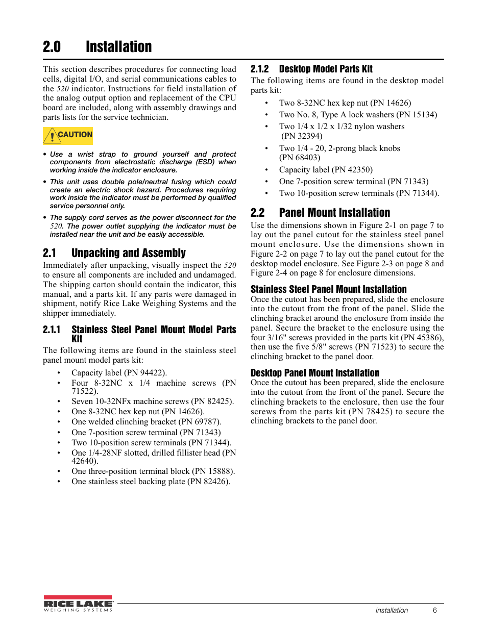 0 installation, 1 unpacking and assembly, 1 stainless steel panel mount model parts kit | 2 desktop model parts kit, 2 panel mount installation, Installation, Stainless steel panel mount model parts kit, Desktop model parts kit | Rice Lake 520 HMI Digital Weight Indicator Installation Manual User Manual | Page 12 / 98
